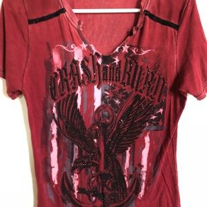 Crash & Burn Red Distress V-Neck T-Shirt